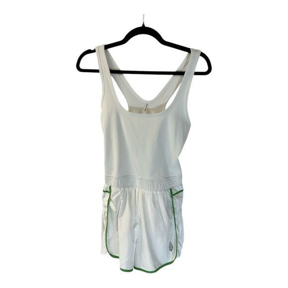 Free People Pants - Free People Movement White Green Trim One Piece Sleeveless Romper Activewear S